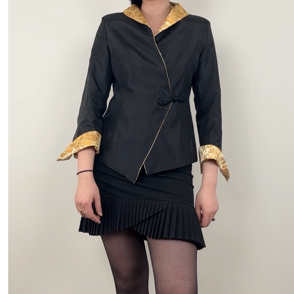Vintage Black Satin Asian Blouse Kimono Top with Gold Floral Trim